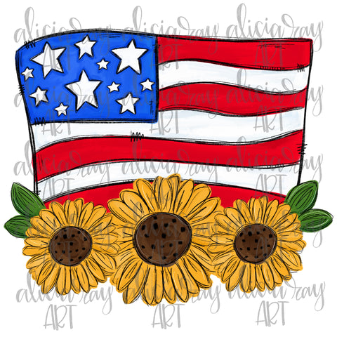 Painted American Flag With Sunflowers