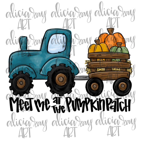Meet Me At The Pumpkin Patch Blue Tractor With Pumpkins