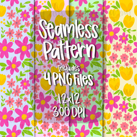 Pink and Yellow Wildflowers Seamless Pattern