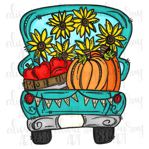 Happy Fall Truck with Sunflowers Pumpkins and Apples