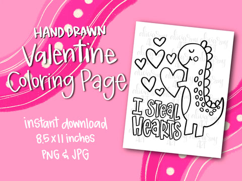 I Steal Hearts Dinosaur Valentine Coloring Page