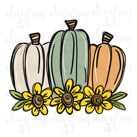 Pumpkin Trio With Sunflowers