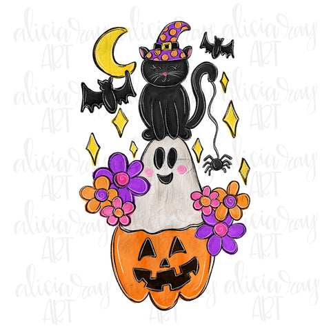 Black Cat Ghost Jack O Lantern Stack With Florals